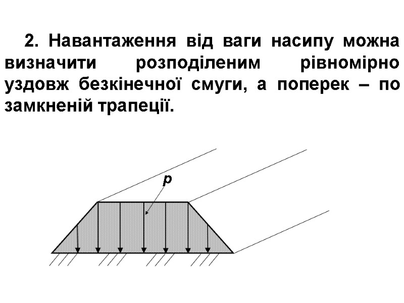 2. Навантаження від ваги насипу можна визначити розподіленим рівномірно уздовж безкінечної смуги, а поперек